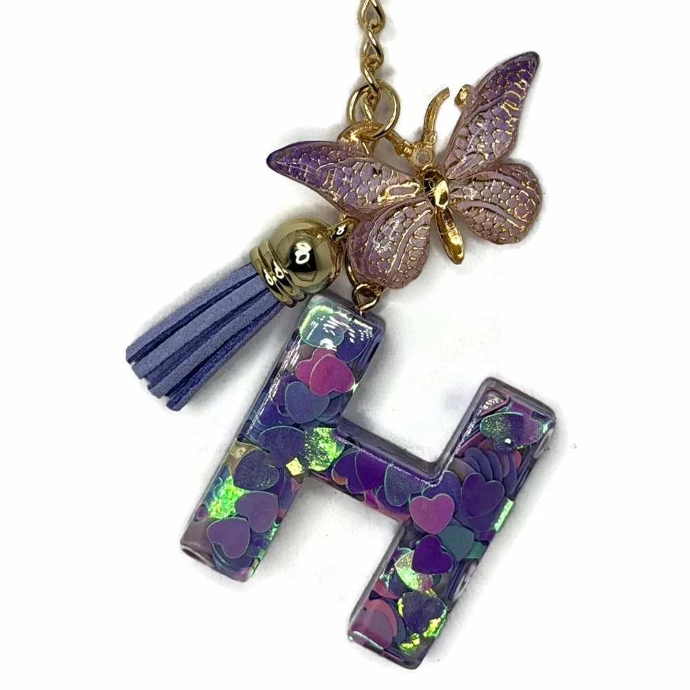 Purple Pink Hearts 'H' Butterfly Tassel Plastic Bag Charm Keychain